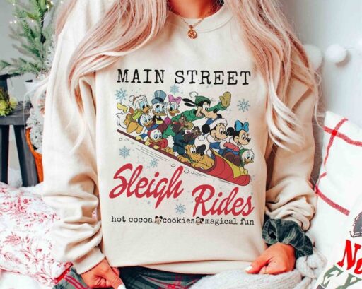 Vintage Mickey And Friends Christmas Shirt, Main Street Sleigh Rides Shirt, Disney Christmas Shirt, Disney Couple Shirt,Disney Holiday Shirt