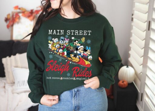 Vintage Mickey And Friends Christmas Shirt, Main Street Sleigh Rides Shirt, Disney Christmas Shirt, Disney Couple Shirt,Disney Holiday Shirt