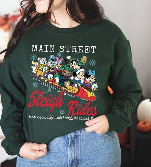 Vintage Mickey And Friends Christmas Shirt, Main Street Sleigh Rides Shirt, Disney Christmas Shirt, Disney Couple Shirt,Disney Holiday Shirt