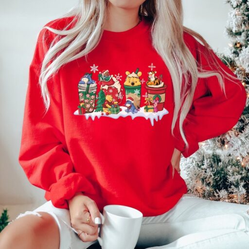 Winnie The Pooh Disney Christmas Coffee Latte Sweatshirt, Pooh Bear Christmas Party 2023, The Pooh and Friends Christmas Lights Shirt