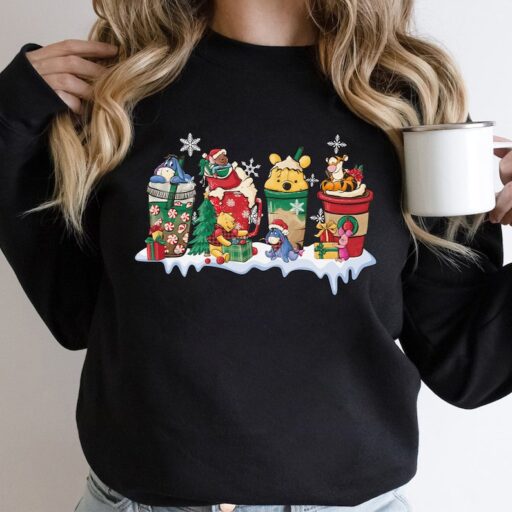 Winnie The Pooh Disney Christmas Coffee Latte Sweatshirt, Pooh Bear Christmas Party 2023, The Pooh and Friends Christmas Lights Shirt