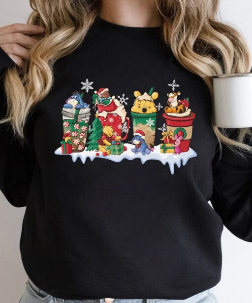 Winnie The Pooh Disney Christmas Coffee Latte Sweatshirt, Pooh Bear Christmas Party 2023, The Pooh and Friends Christmas Lights Shirt