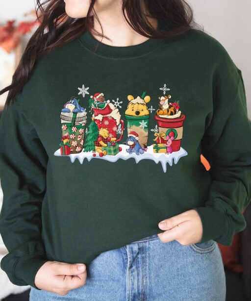 Winnie The Pooh Disney Christmas Coffee Latte Sweatshirt, Pooh Bear Christmas Party 2023, The Pooh and Friends Christmas Lights Shirt