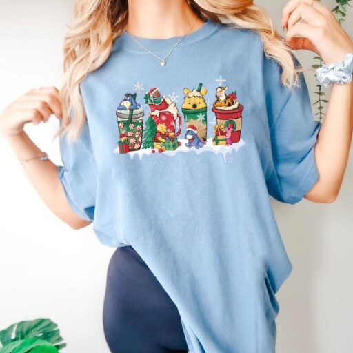 Winnie The Pooh Disney Christmas Coffee Latte Sweatshirt, Pooh Bear Christmas Party 2023, The Pooh and Friends Christmas Lights Shirt