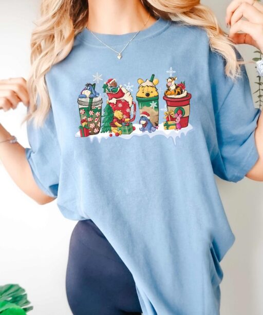 Winnie The Pooh Disney Christmas Coffee Latte Sweatshirt, Pooh Bear Christmas Party 2023, The Pooh and Friends Christmas Lights Shirt