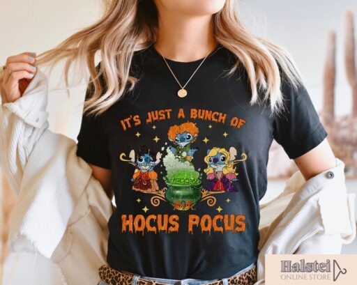 Vintage Disney Hocus Pocus Shirt, It's Just A Bunch Of Hocus Pocus Halloween Shirt, Stitch Halloween Shirts, Retro Disney Halloween Shirt