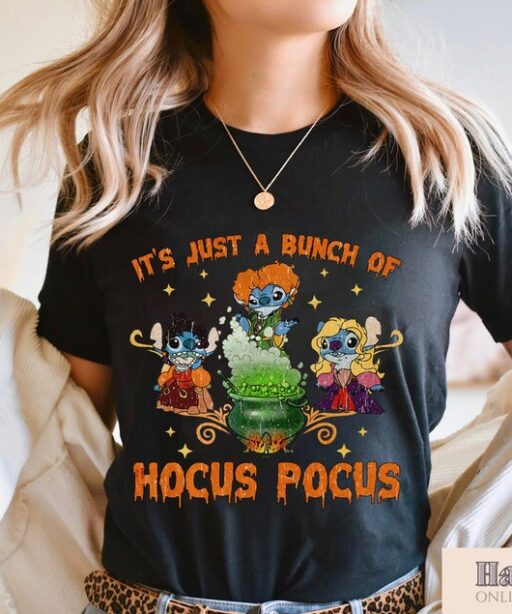 Vintage Disney Hocus Pocus Shirt, It's Just A Bunch Of Hocus Pocus Halloween Shirt, Stitch Halloween Shirts, Retro Disney Halloween Shirt