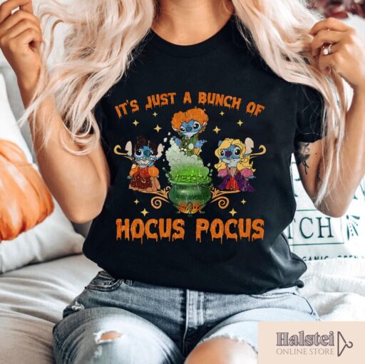 Vintage Disney Hocus Pocus Shirt, It's Just A Bunch Of Hocus Pocus Halloween Shirt, Stitch Halloween Shirts, Retro Disney Halloween Shirt