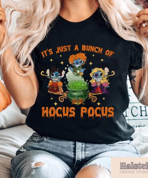 Vintage Disney Hocus Pocus Shirt, It's Just A Bunch Of Hocus Pocus Halloween Shirt, Stitch Halloween Shirts, Retro Disney Halloween Shirt