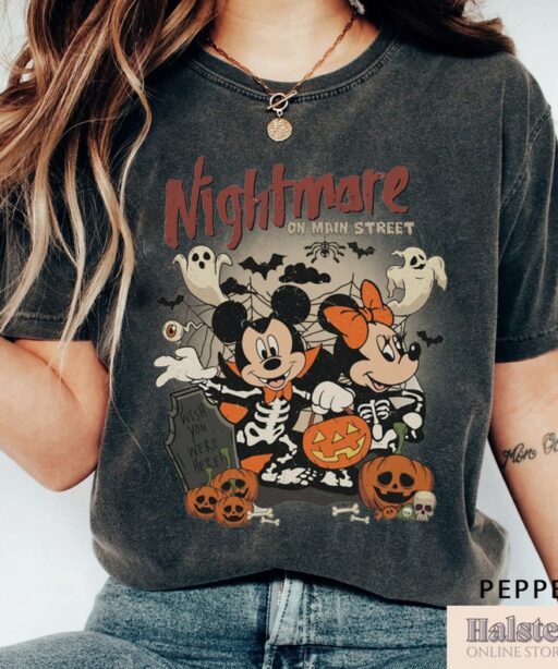 Comfort Color Mickey Minnie Halloween Shirt, Vintage Disney Halloween T-shirt, Nightmare On The Main Streat Shirt, Halloween Pumpkin Shirt