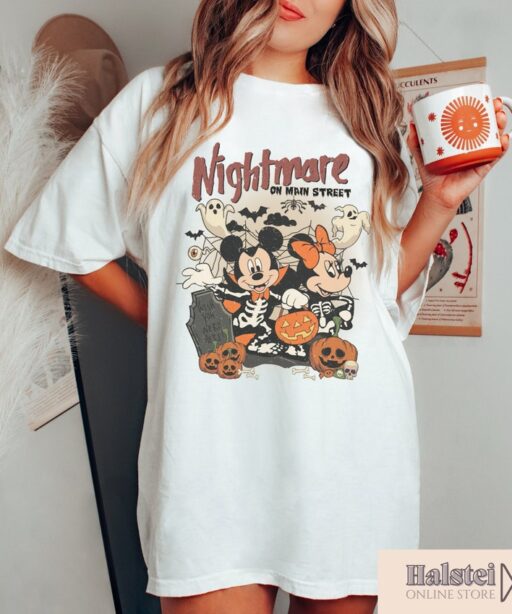 Comfort Color Mickey Minnie Halloween Shirt, Vintage Disney Halloween T-shirt, Nightmare On The Main Streat Shirt, Halloween Pumpkin Shirt