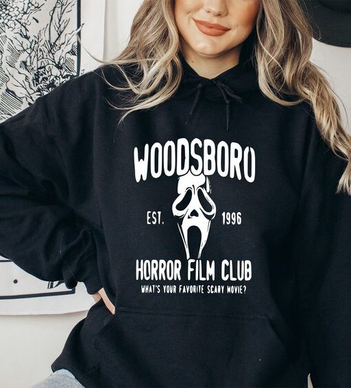 Woodsboro Horror Club Hoodie,Horror Film Club Sweatshirt,Scary Halloween Hoodie,Spooky Season Shirt,Scream Ghost Tee,Halloween Sweatshirt