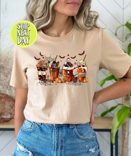 Horror Characters Halloween Tshirt, Horror Movie Coffee Latte Shirt, Halloween Coffee Drink Shirt, Horror Characters Coffee Cup Shirt -HC58