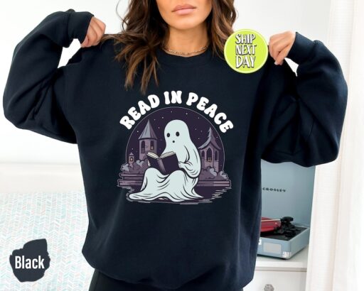 Read In Peace Ghost Halloween Sweatshirt and Hoodie, Halloween Shirt, Halloween Crewneck Sweatshirt, Spooky Season Tee, Reading Ghost -HC64