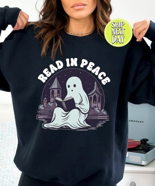 Read In Peace Ghost Halloween Sweatshirt and Hoodie, Halloween Shirt, Halloween Crewneck Sweatshirt, Spooky Season Tee, Reading Ghost -HC64