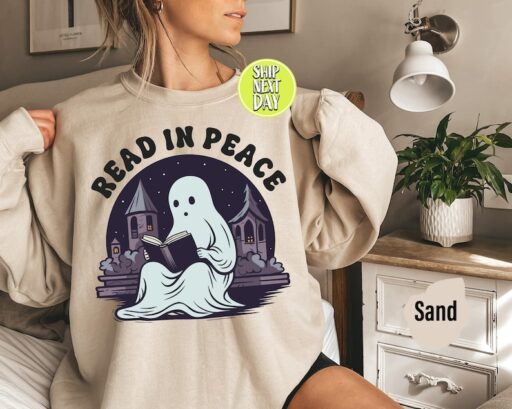 Read In Peace Ghost Halloween Sweatshirt and Hoodie, Halloween Shirt, Halloween Crewneck Sweatshirt, Spooky Season Tee, Reading Ghost -HC64