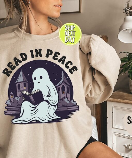 Read In Peace Ghost Halloween Sweatshirt and Hoodie, Halloween Shirt, Halloween Crewneck Sweatshirt, Spooky Season Tee, Reading Ghost -HC64