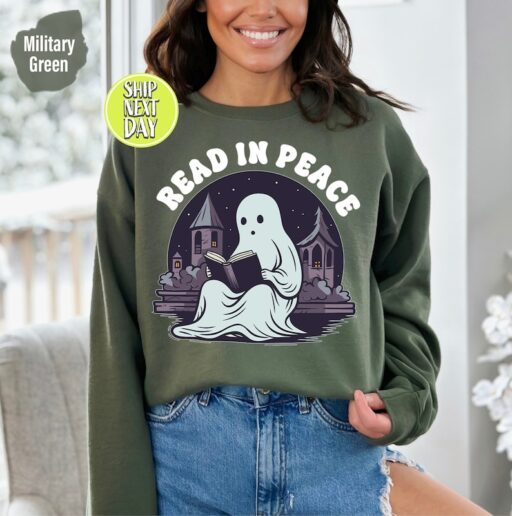 Read In Peace Ghost Halloween Sweatshirt and Hoodie, Halloween Shirt, Halloween Crewneck Sweatshirt, Spooky Season Tee, Reading Ghost -HC64