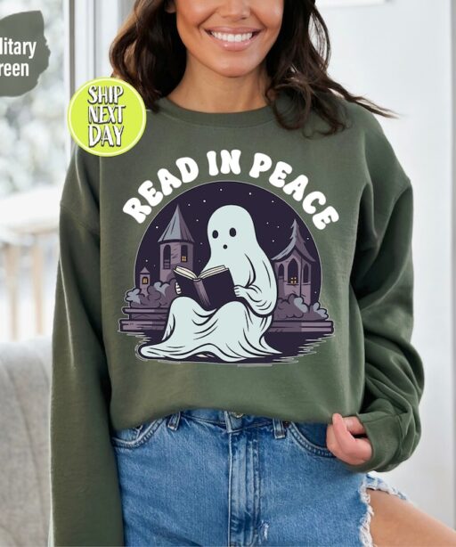 Read In Peace Ghost Halloween Sweatshirt and Hoodie, Halloween Shirt, Halloween Crewneck Sweatshirt, Spooky Season Tee, Reading Ghost -HC64