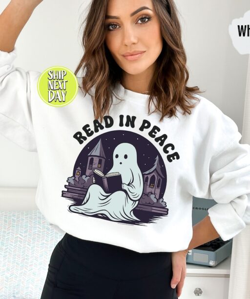 Read In Peace Ghost Halloween Sweatshirt and Hoodie, Halloween Shirt, Halloween Crewneck Sweatshirt, Spooky Season Tee, Reading Ghost -HC64