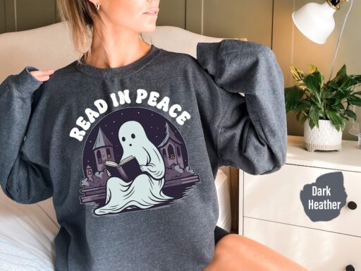 Read In Peace Ghost Halloween Sweatshirt and Hoodie, Halloween Shirt, Halloween Crewneck Sweatshirt, Spooky Season Tee, Reading Ghost -HC64