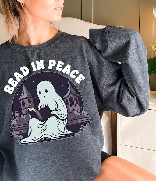 Read In Peace Ghost Halloween Sweatshirt and Hoodie, Halloween Shirt, Halloween Crewneck Sweatshirt, Spooky Season Tee, Reading Ghost -HC64