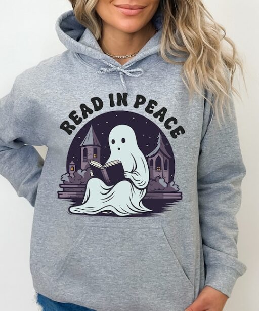 Read In Peace Ghost Halloween Sweatshirt and Hoodie, Halloween Shirt, Halloween Crewneck Sweatshirt, Spooky Season Tee, Reading Ghost -HC64