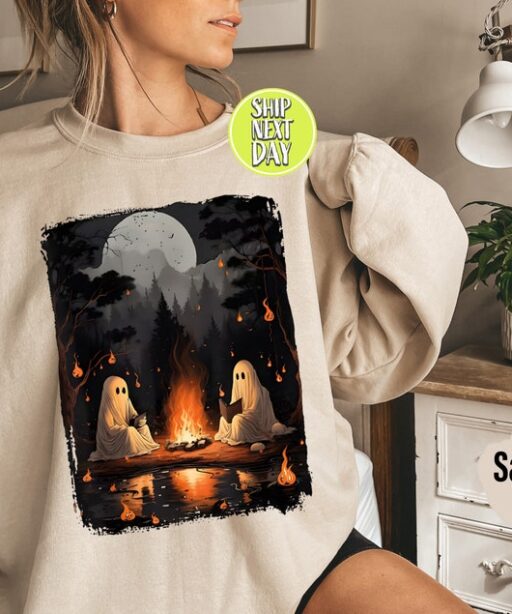 Ghost Book Reading Sweatshirt and Hoodie, Retro Ghost Book Reading Camping Gothic Halloween Teachers Shirt, Camping Gothic Shirt, Book-HC63