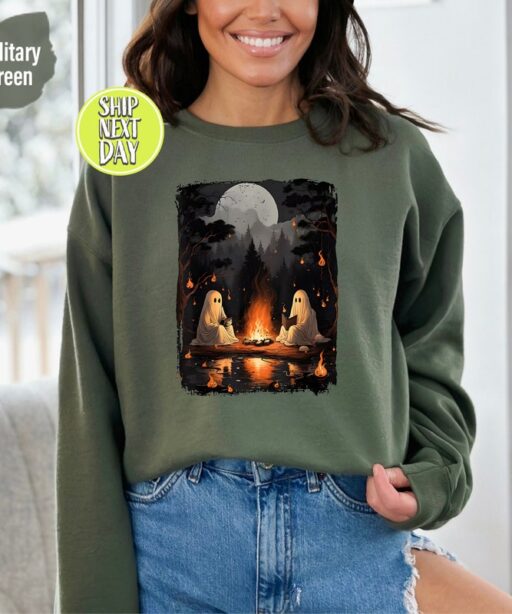 Ghost Book Reading Sweatshirt and Hoodie, Retro Ghost Book Reading Camping Gothic Halloween Teachers Shirt, Camping Gothic Shirt, Book-HC63