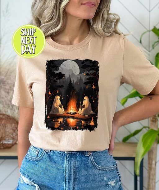 Retro Ghost Book Reading Camping Gothic Halloween Teachers T-Shirt, Ghost Book Reading Shirt, Halloween Trip Shirt, Camping Gothic Tee -HC63