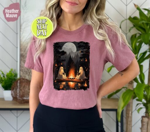 Retro Ghost Book Reading Camping Gothic Halloween Teachers T-Shirt, Ghost Book Reading Shirt, Halloween Trip Shirt, Camping Gothic Tee -HC63