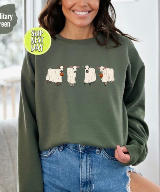 Funny Ghost Cows Sweatshirt and Hoodie, Halloween Sweatshirt Halloween Crewneck, Ghost Shirt, Cow Lover Gift, Funny Halloween Cow Tee -HC61