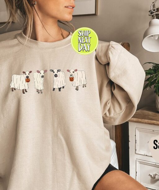 Funny Ghost Cows Sweatshirt and Hoodie, Halloween Sweatshirt Halloween Crewneck, Ghost Shirt, Cow Lover Gift, Funny Halloween Cow Tee -HC61