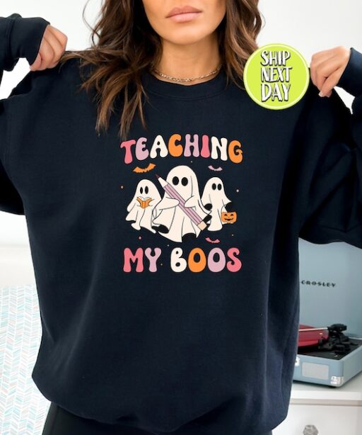 Teacher Halloween Sweatshirt and Hoodie, Teaching My Boos shirt, Halloween Teacher, Read More Books, Spooky Teacher Ghost Vintage Shirt-HC60