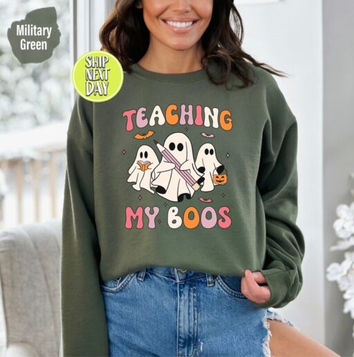 Teacher Halloween Sweatshirt and Hoodie, Teaching My Boos shirt, Halloween Teacher, Read More Books, Spooky Teacher Ghost Vintage Shirt-HC60