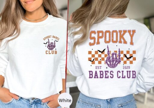Spooky Babes Club Sweatshirt and Hoodie Printed Front and Back, Vintage Skeleton Halloween Shirt, Spooky Babes Club,Spooky Season Shirt-HC42