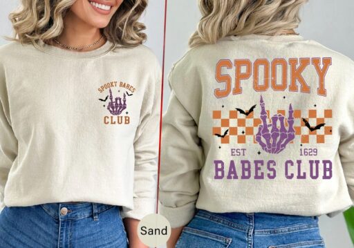 Spooky Babes Club Sweatshirt and Hoodie Printed Front and Back, Vintage Skeleton Halloween Shirt, Spooky Babes Club,Spooky Season Shirt-HC42