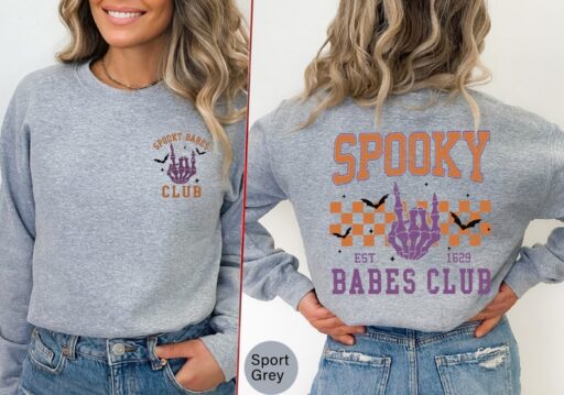 Spooky Babes Club Sweatshirt and Hoodie Printed Front and Back, Vintage Skeleton Halloween Shirt, Spooky Babes Club,Spooky Season Shirt-HC42