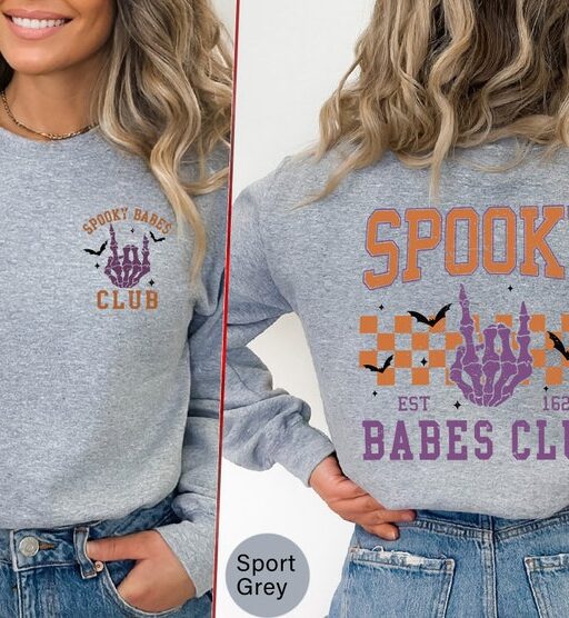 Spooky Babes Club Sweatshirt and Hoodie Printed Front and Back, Vintage Skeleton Halloween Shirt, Spooky Babes Club,Spooky Season Shirt-HC42