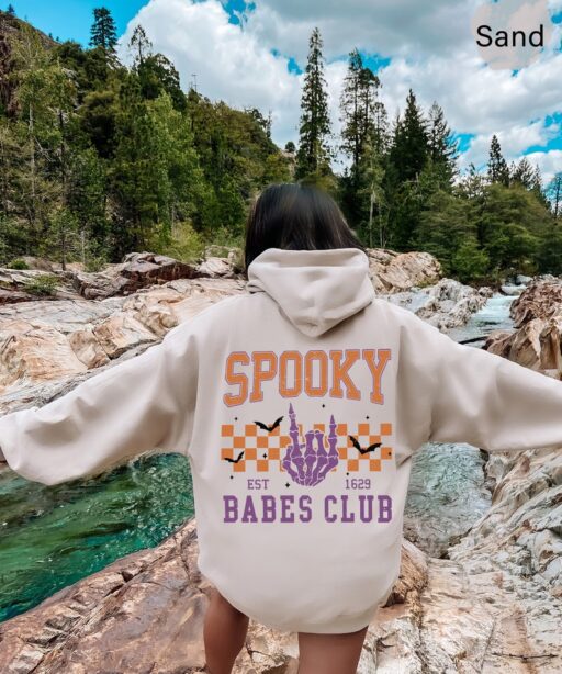 Spooky Babes Club Sweatshirt and Hoodie Printed Front and Back, Vintage Skeleton Halloween Shirt, Spooky Babes Club,Spooky Season Shirt-HC42