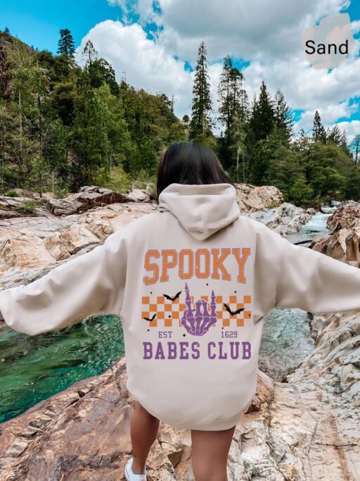 Spooky Babes Club Sweatshirt and Hoodie Printed Front and Back, Vintage Skeleton Halloween Shirt, Spooky Babes Club,Spooky Season Shirt-HC42