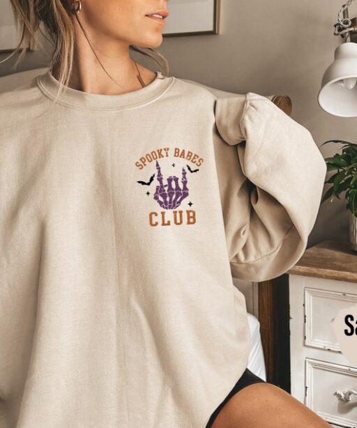 Spooky Babes Club Sweatshirt and Hoodie Printed Front and Back, Vintage Skeleton Halloween Shirt, Spooky Babes Club,Spooky Season Shirt-HC42