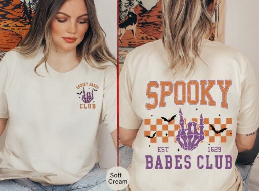 Spooky Babes club Tshirt, Halloween Vibes Shirts, Witchy women shirt, Retro Skeleton women T-shirt, Halloween shirt, Spooky Season -HF42