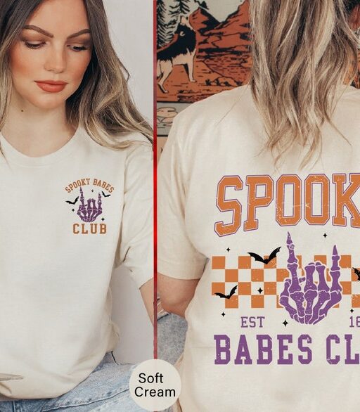 Spooky Babes club Tshirt, Halloween Vibes Shirts, Witchy women shirt, Retro Skeleton women T-shirt, Halloween shirt, Spooky Season -HF42