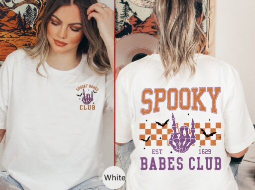 Spooky Babes club Tshirt, Halloween Vibes Shirts, Witchy women shirt, Retro Skeleton women T-shirt, Halloween shirt, Spooky Season -HF42