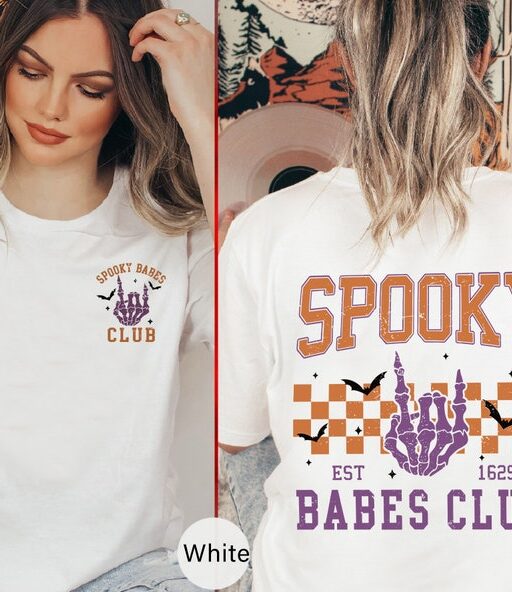 Spooky Babes club Tshirt, Halloween Vibes Shirts, Witchy women shirt, Retro Skeleton women T-shirt, Halloween shirt, Spooky Season -HF42