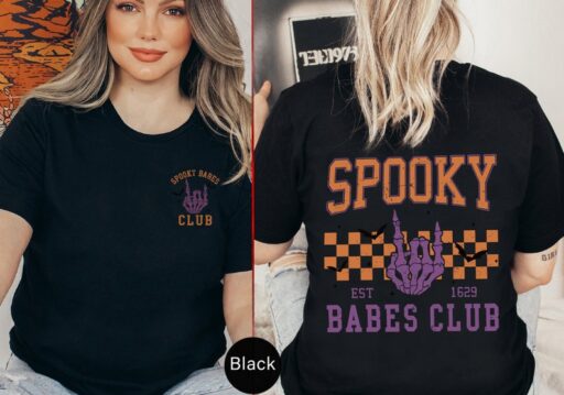 Spooky Babes club Tshirt, Halloween Vibes Shirts, Witchy women shirt, Retro Skeleton women T-shirt, Halloween shirt, Spooky Season -HF42