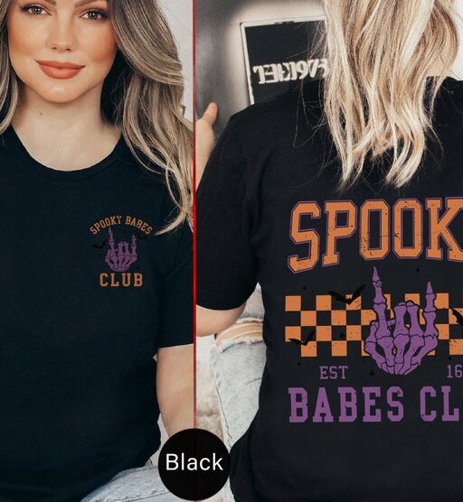 Spooky Babes club Tshirt, Halloween Vibes Shirts, Witchy women shirt, Retro Skeleton women T-shirt, Halloween shirt, Spooky Season -HF42