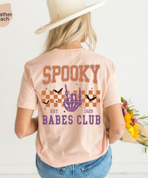 Spooky Babes club Tshirt, Halloween Vibes Shirts, Witchy women shirt, Retro Skeleton women T-shirt, Halloween shirt, Spooky Season -HF42