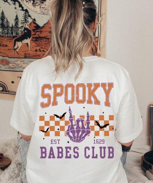 Spooky Babes club Tshirt, Halloween Vibes Shirts, Witchy women shirt, Retro Skeleton women T-shirt, Halloween shirt, Spooky Season -HF42